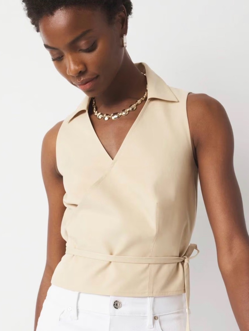 Sleeveless Wrap Top in Light Beige